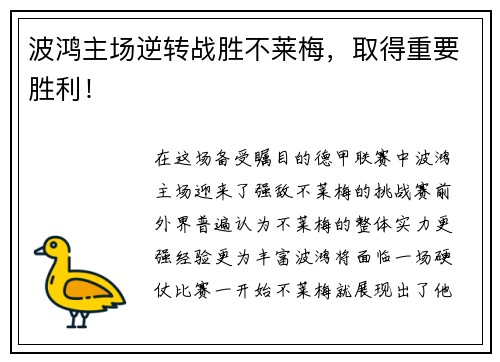 波鸿主场逆转战胜不莱梅，取得重要胜利！